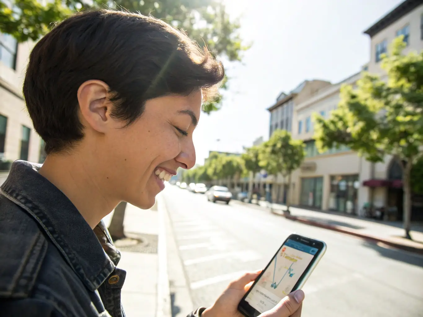 A person happily booking a ride on the Randy Ride Share mobile app, showcasing the ease and convenience of the service.