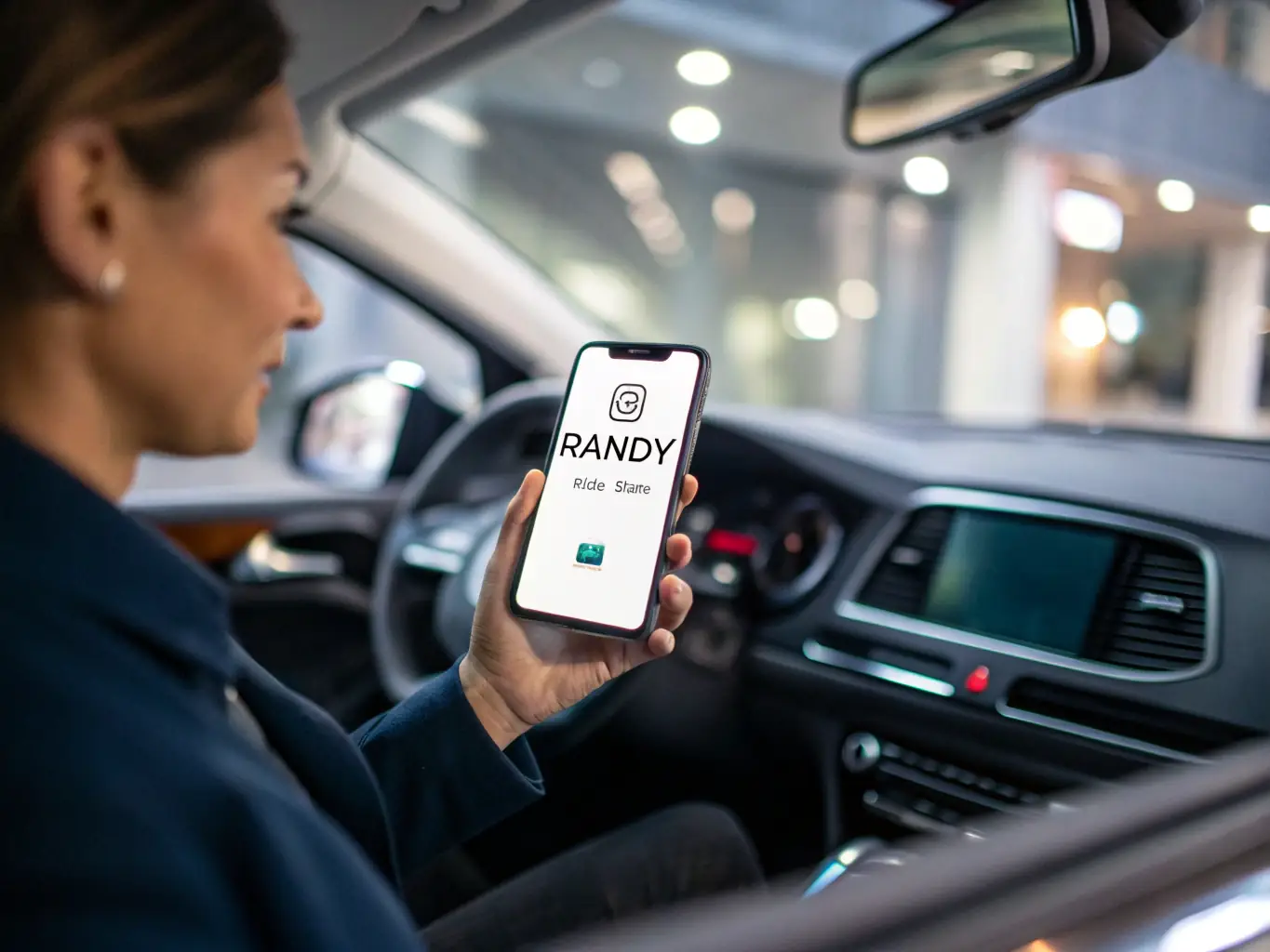 A person using the Randy Ride Share mobile app to book a ride, showcasing the user-friendly interface and ease of use.