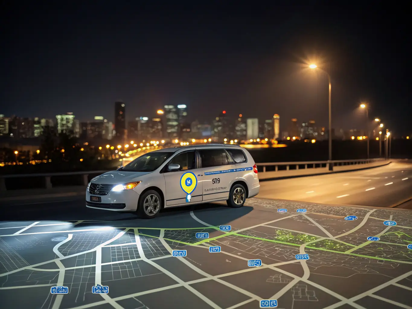 A map showing real-time tracking of a Randy Ride Share vehicle on its way to pick up a passenger.