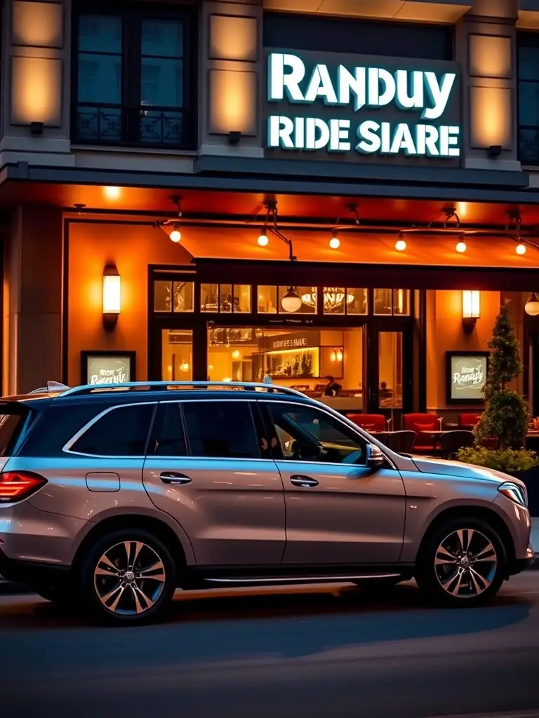 A luxury SUV with tinted windows, parked in front of a high-end restaurant, representing Randy Ride Share's premium ride option.
