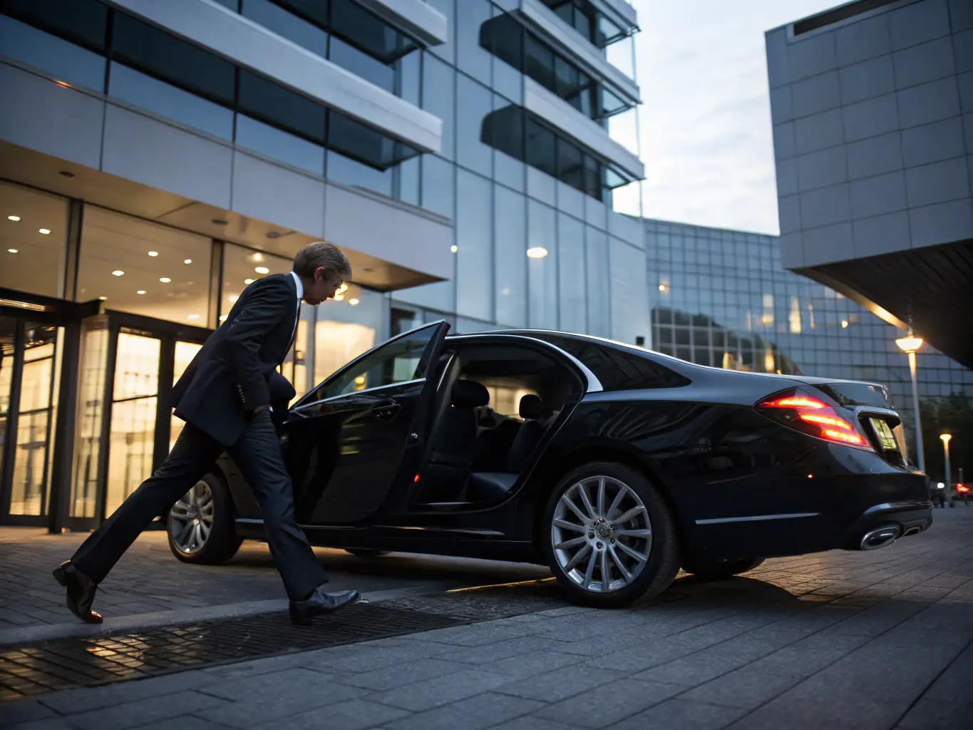 A sleek sedan arriving to pick up a business professional in downtown Phoenix during the daytime, showcasing a reliable and professional ride service.