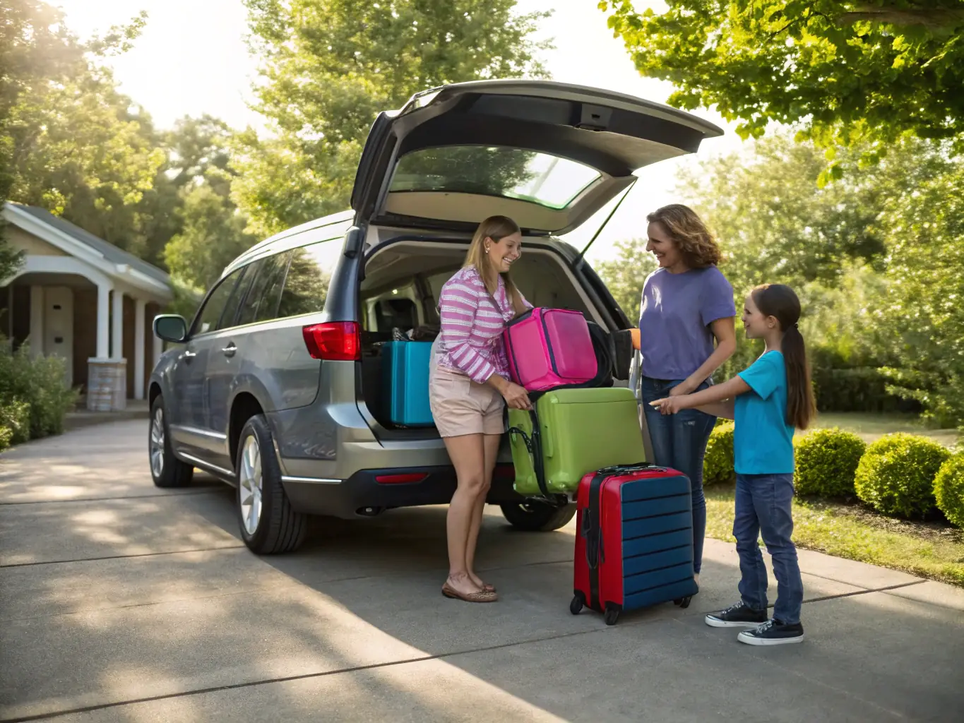 A spacious SUV providing a ride for a family with luggage heading to the airport, emphasizing comfort and ample space.