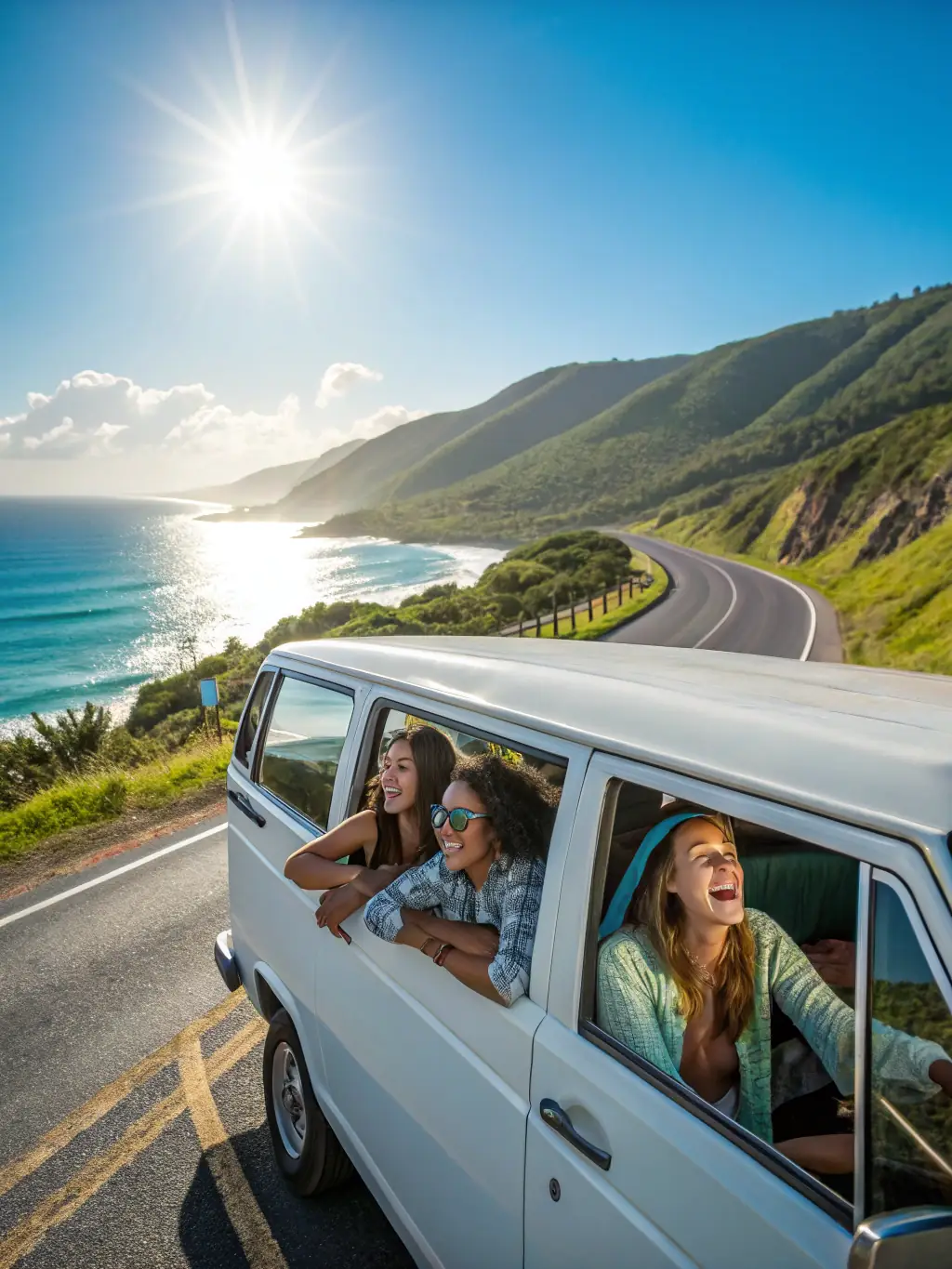 A group of friends laughing in a spacious minivan, highlighting Randy Ride Share's group ride option for airport transfers or events.
